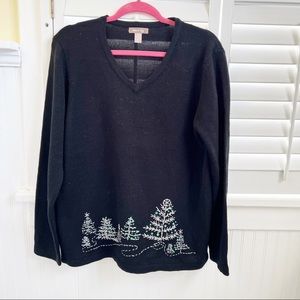 White Stag Black V-Neck Beaded Christmas Tree Holiday Sweater Large (12/14)